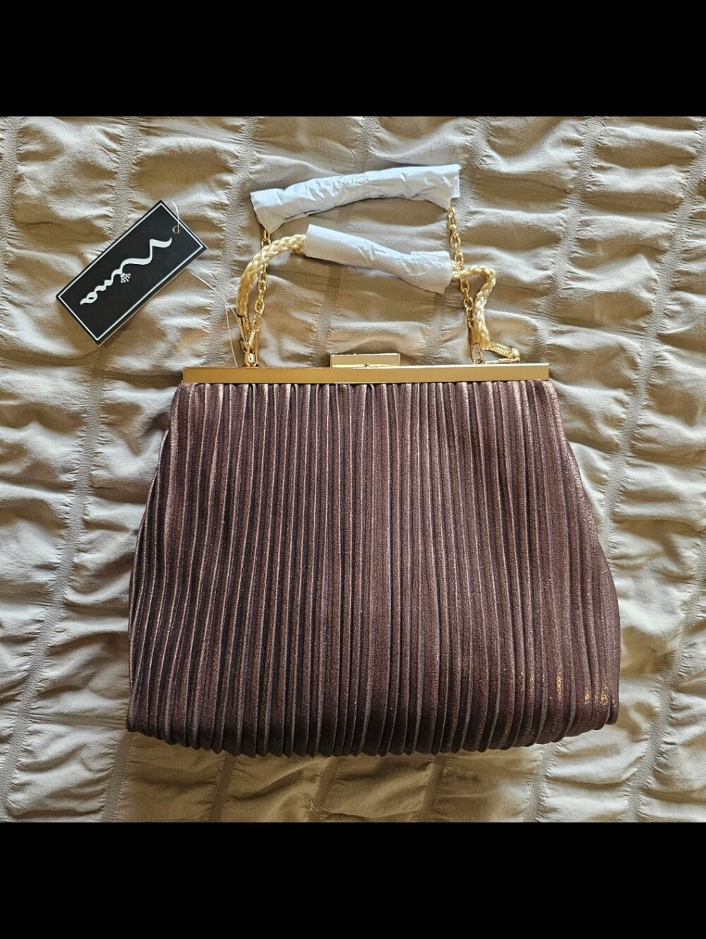 New Nina clutch Handbag Bag Purse Wedding Formal Satin Brown Reusched Gold Rhine